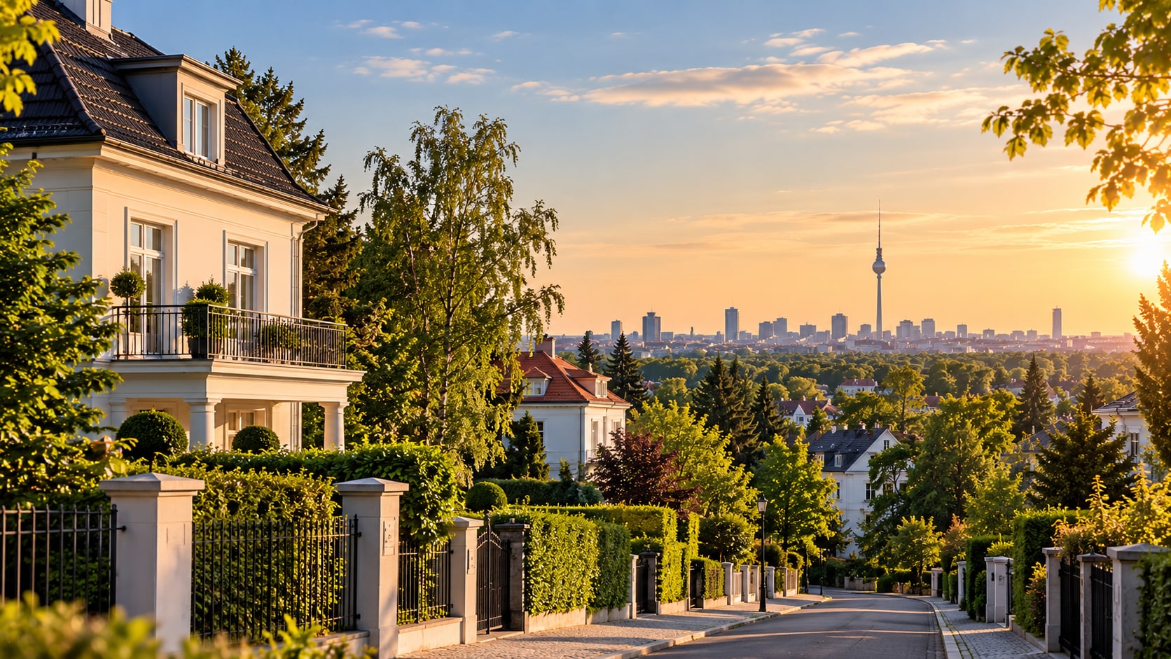 Villa-lined street in the south-west of Berlin with a view of the Berlin skyline