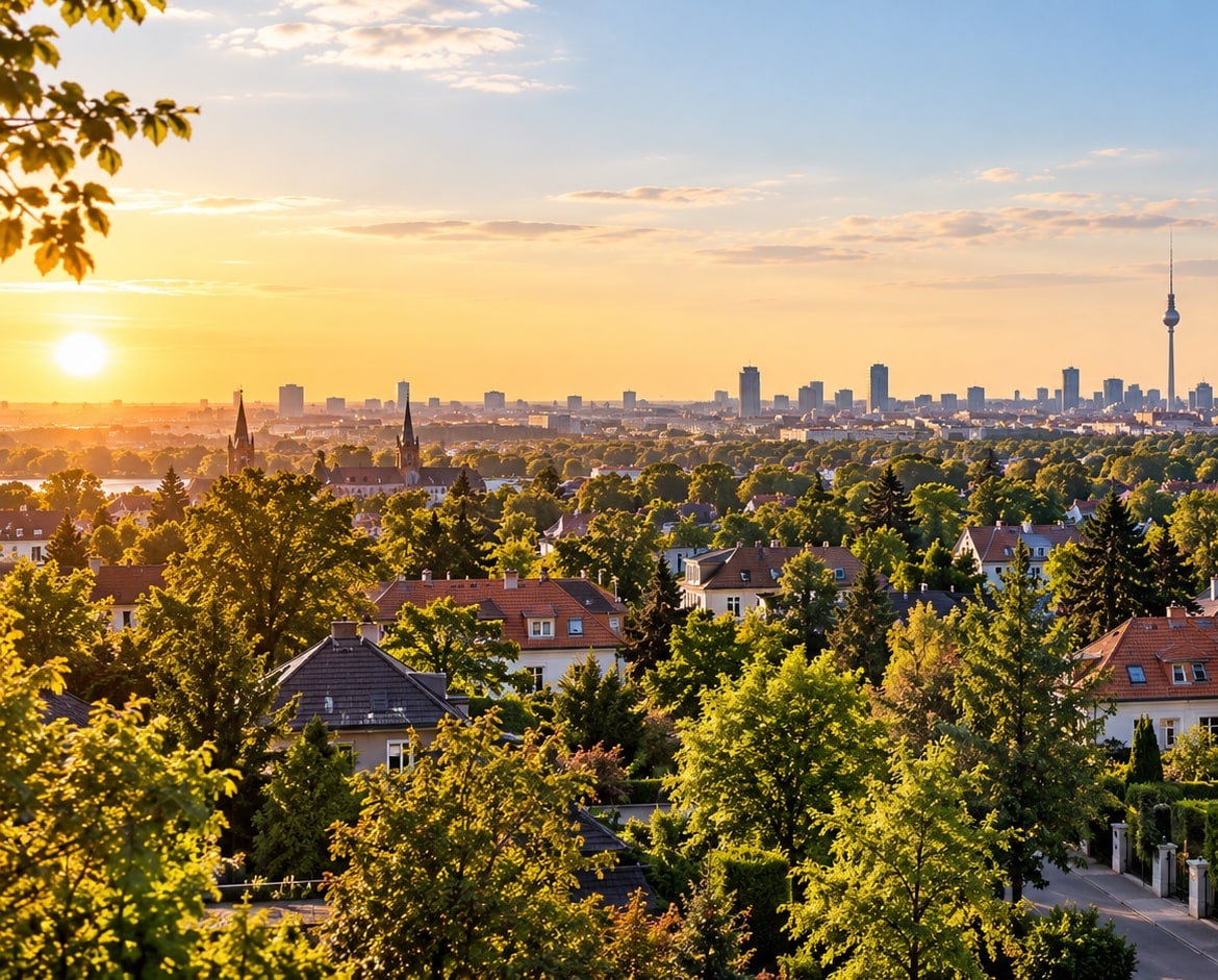 View over villa gardens in the south-west of Berlin towards the Berlin skyline